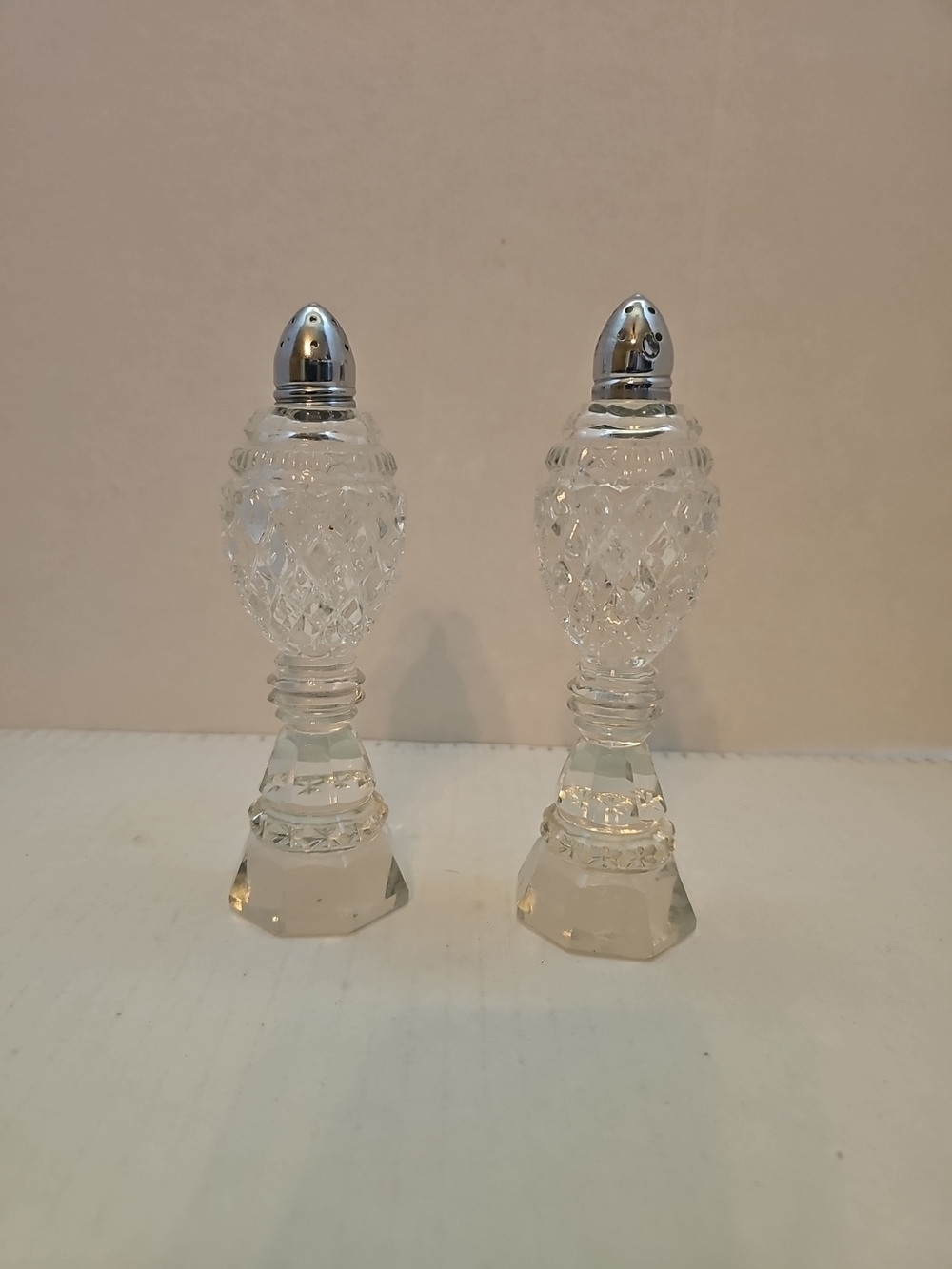 Crystal Cut Glass Salt and Pepper Shakers with Silver Tops - Clear